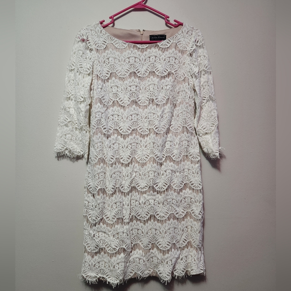 Jessica Howard Beige Lace Nude Lining 3/4 Sleeve Dress 10 Bridal, Formal